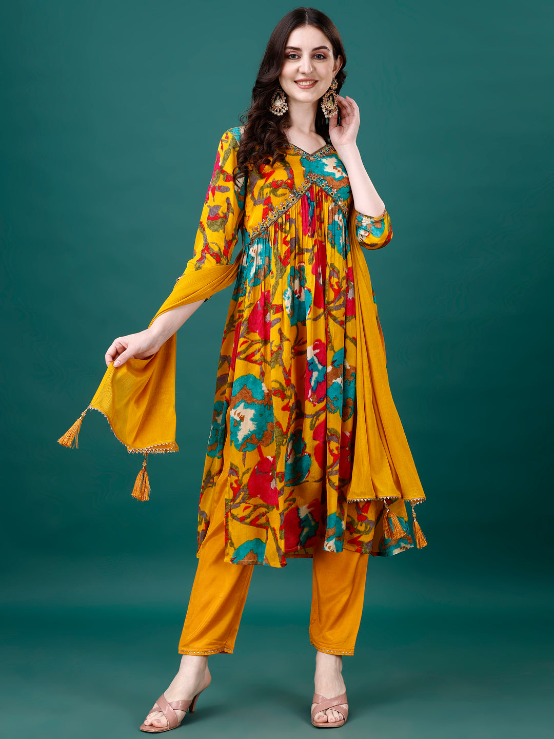 Alia Cut Hand Embroidered & Printed Pure Chinon Kurta With Pant & Dupatta, Multicolor - Hiral Fashion - Distacart