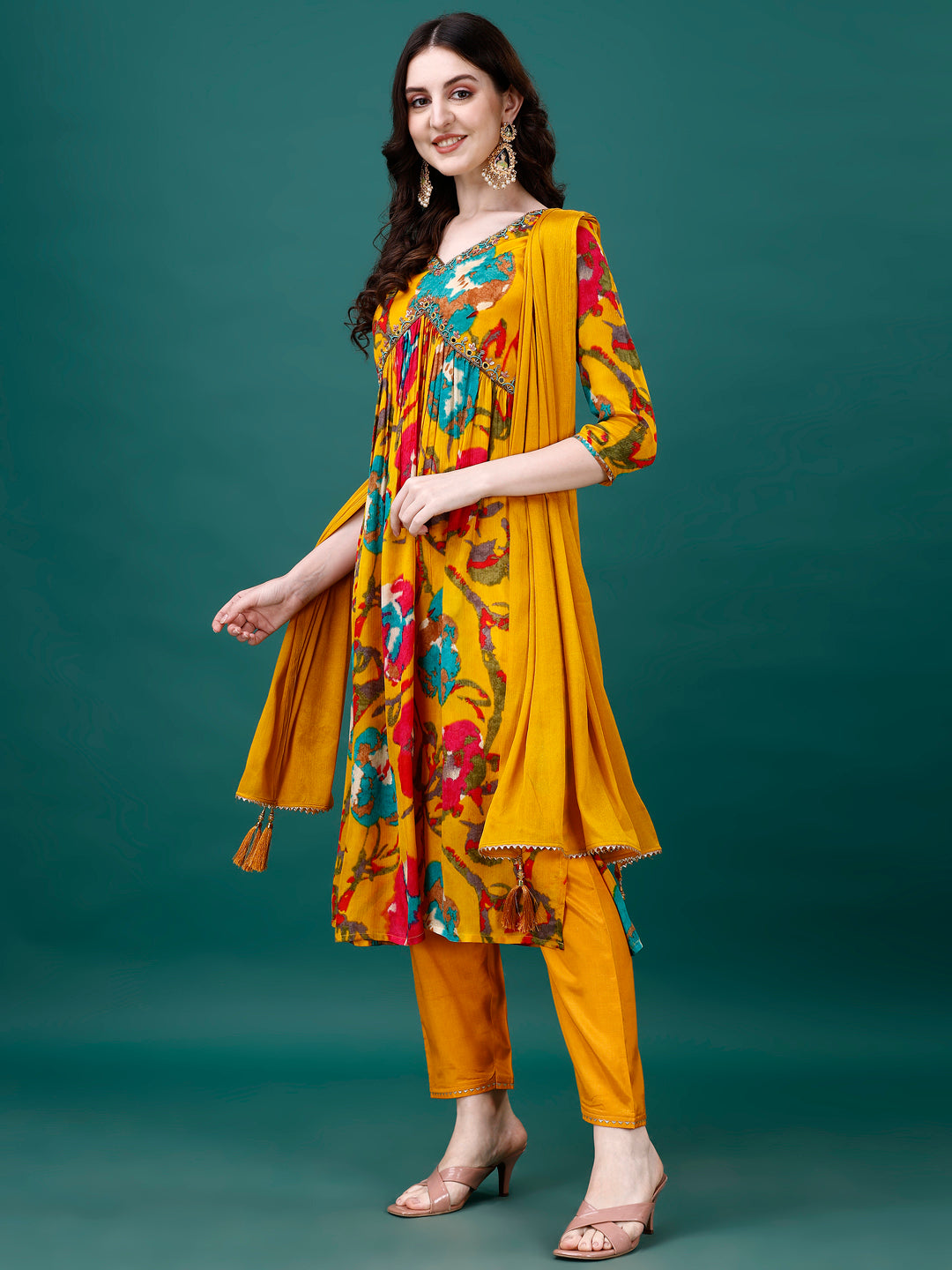 Alia Cut Hand Embroidered & Printed Pure Chinon Kurta With Pant & Dupatta, Multicolor - Hiral Fashion - Distacart