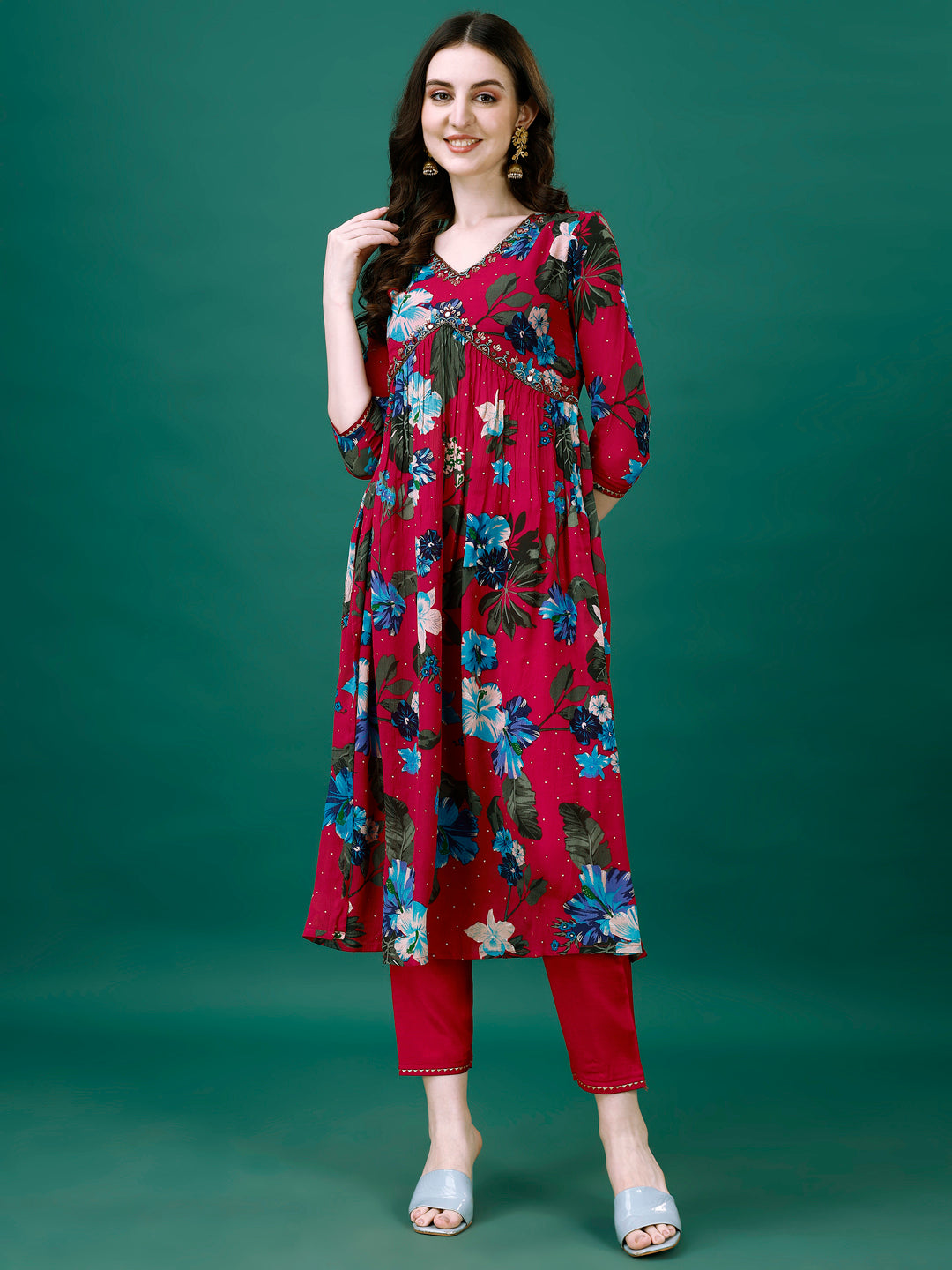 Alia Cut Hand Embroidered & Printed Pure Chinon Kurta With Pant & Dupatta, Multicolor - Hiral Fashion - Distacart