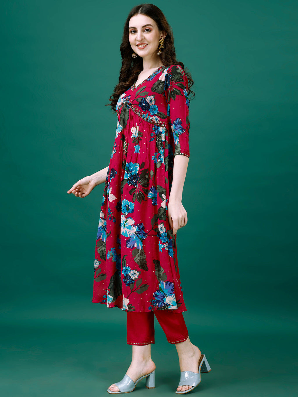 Alia Cut Hand Embroidered & Printed Pure Chinon Kurta With Pant & Dupatta, Multicolor - Hiral Fashion - Distacart