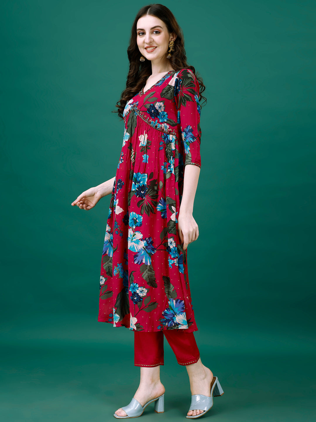 Alia Cut Hand Embroidered & Printed Pure Chinon Kurta With Pant & Dupatta, Multicolor - Hiral Fashion - Distacart