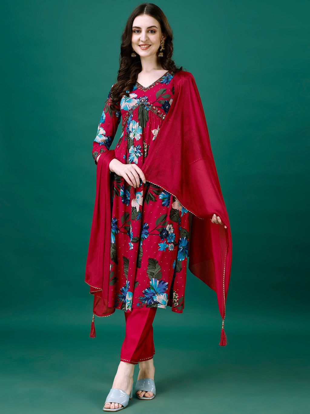 Alia Cut Hand Embroidered & Printed Pure Chinon Kurta With Pant & Dupatta, Multicolor - Hiral Fashion - Distacart