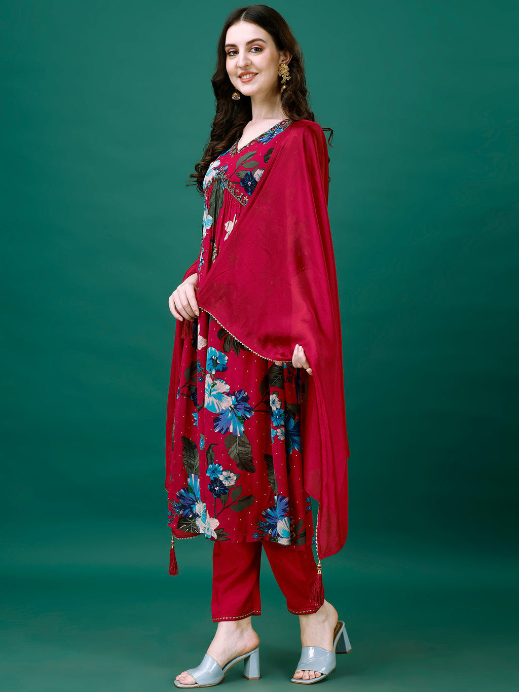 Alia Cut Hand Embroidered & Printed Pure Chinon Kurta With Pant & Dupatta, Multicolor - Hiral Fashion - Distacart