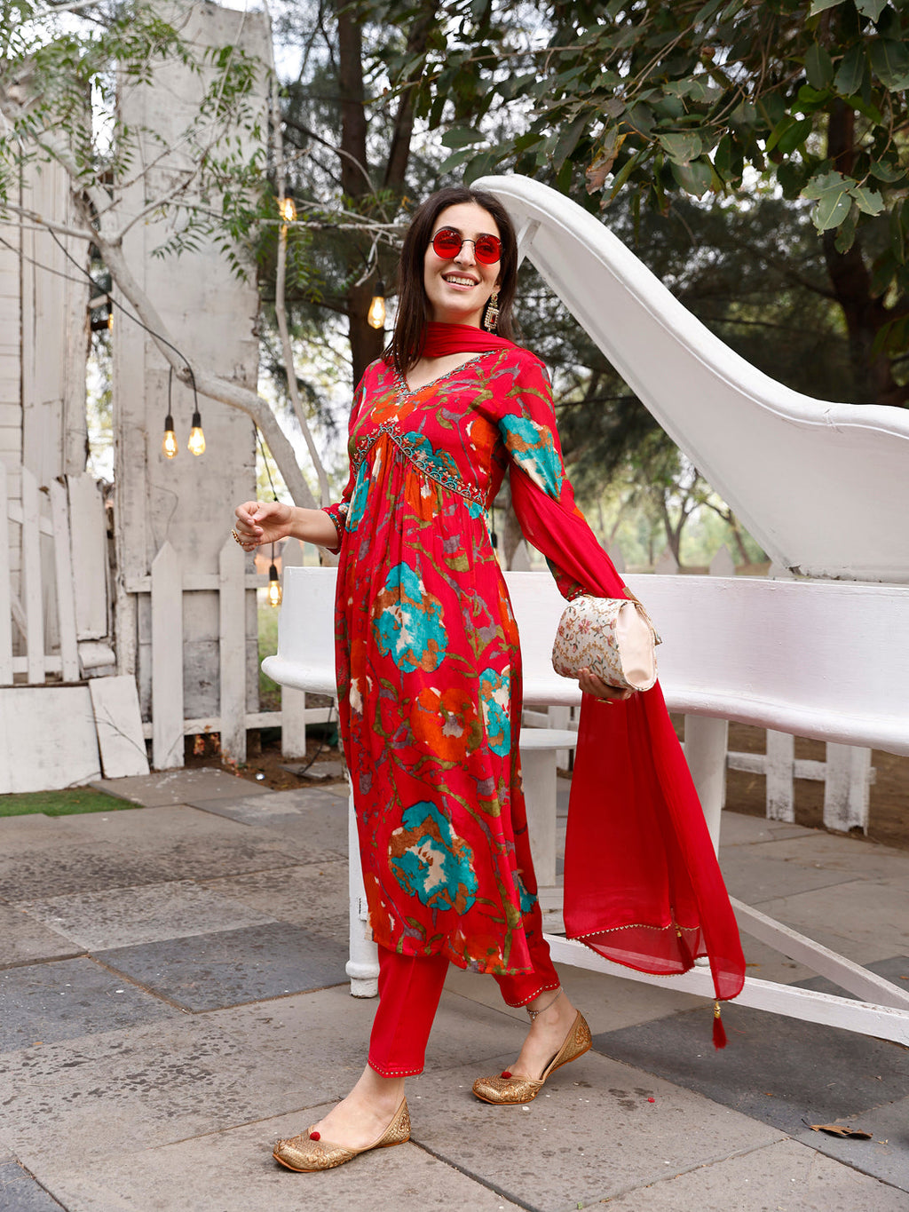 Alia Cut Hand Embroidered & Floral Printed Kurta With Pant & Dupatta Premium, Multicolor - Hiral Fashion - Distacart