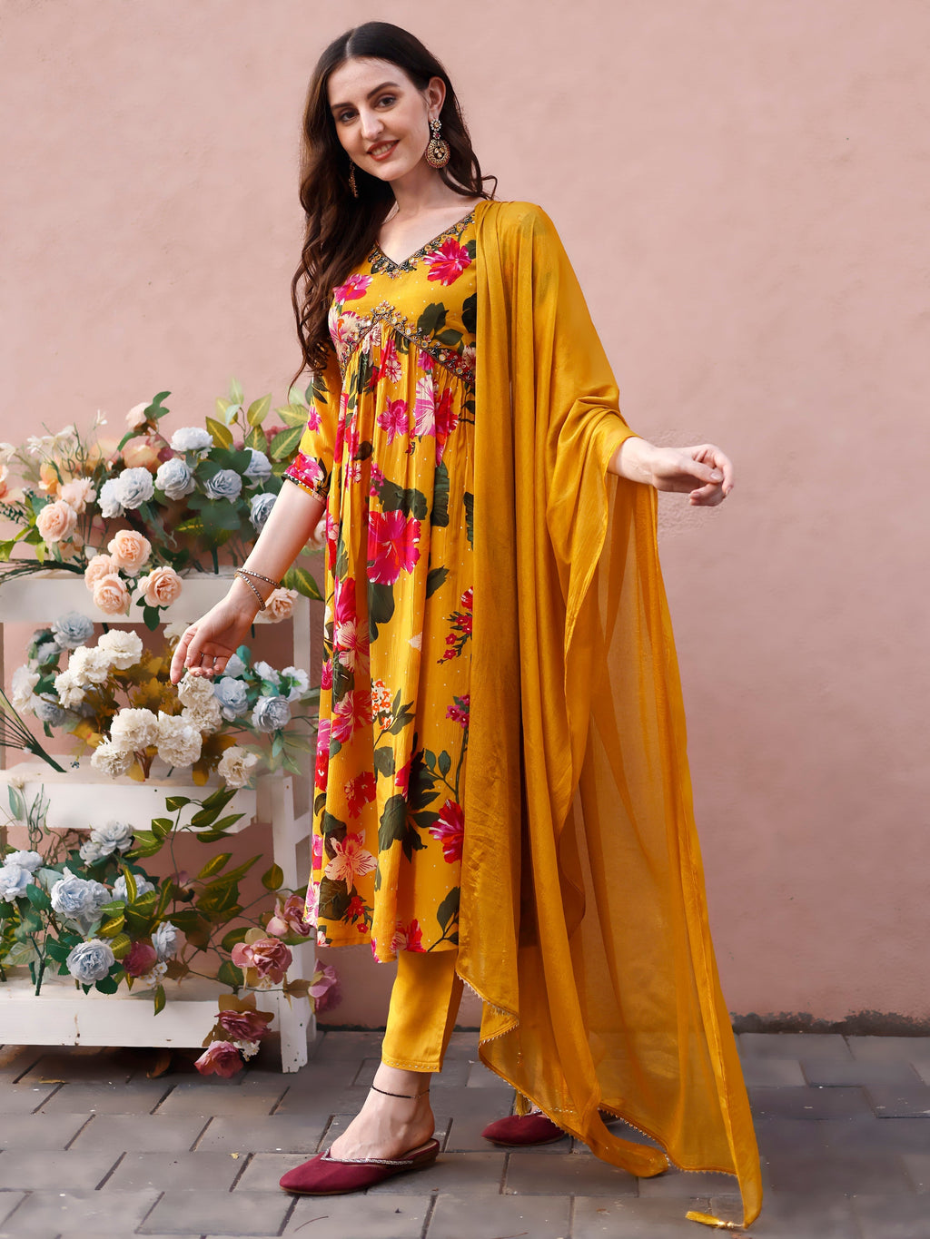 Alia Cut Hand Embroidered & Floral Printed Kurta With Pant & Dupatta Premium, Multicolor - Hiral Fashion - Distacart