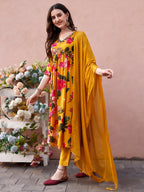 Alia Cut Hand Embroidered & Floral Printed Kurta With Pant & Dupatta Premium, Multicolor - Hiral Fashion - Distacart