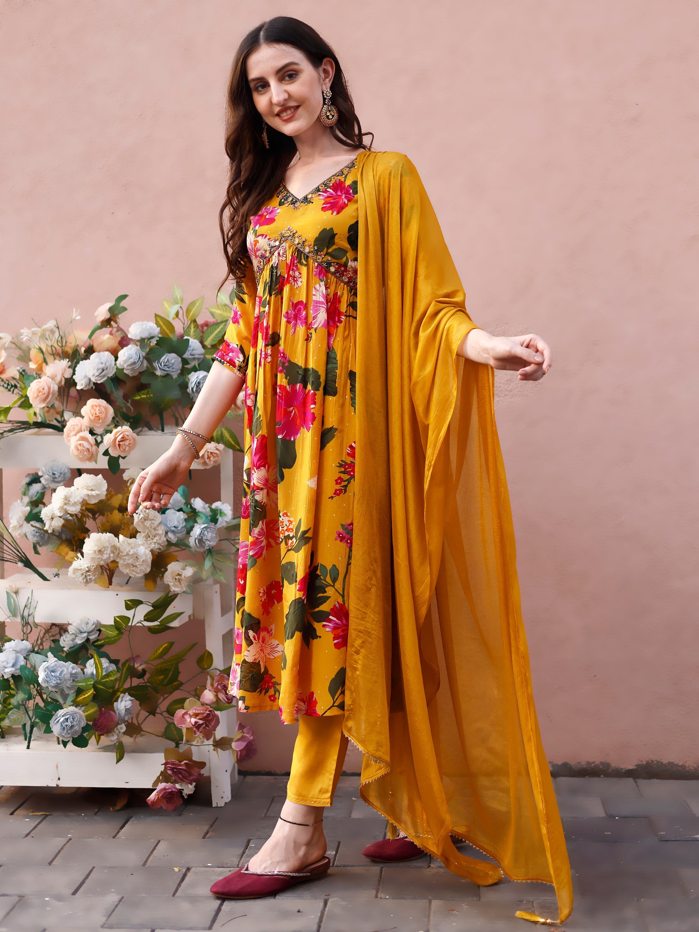Alia Cut Hand Embroidered & Floral Printed Kurta With Pant & Dupatta Premium, Multicolor - Hiral Fashion - Distacart