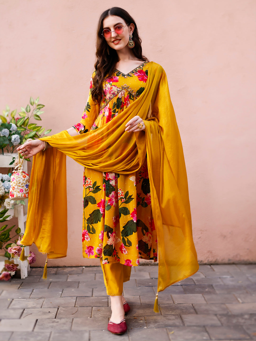 Alia Cut Hand Embroidered & Floral Printed Kurta With Pant & Dupatta Premium, Multicolor - Hiral Fashion - Distacart