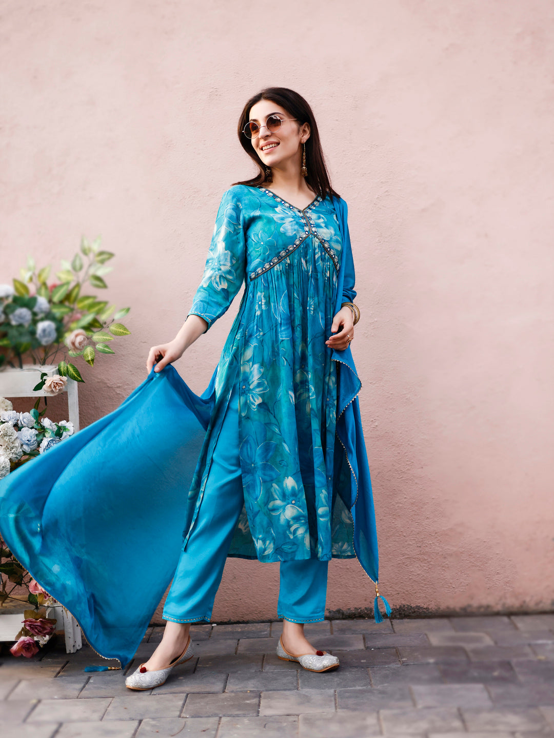 Alia Cut Hand Embroidered & Floral Printed Kurta With Pant & Dupatta Premium, Multicolor - Hiral Fashion - Distacart