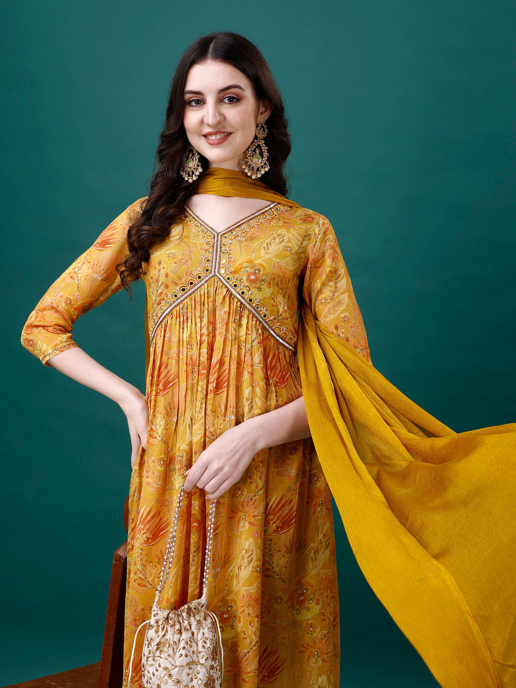 Alia Cut Hand Embroidered & Printed Pure Chinon Kurta With Pant & Dupatta, Multicolor - Hiral Fashion - Distacart