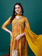 Alia Cut Hand Embroidered & Printed Pure Chinon Kurta With Pant & Dupatta, Multicolor - Hiral Fashion - Distacart