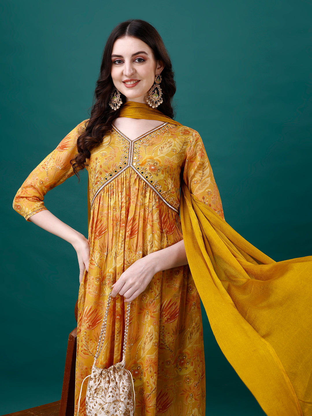 Alia Cut Hand Embroidered & Printed Pure Chinon Kurta With Pant & Dupatta, Multicolor - Hiral Fashion - Distacart