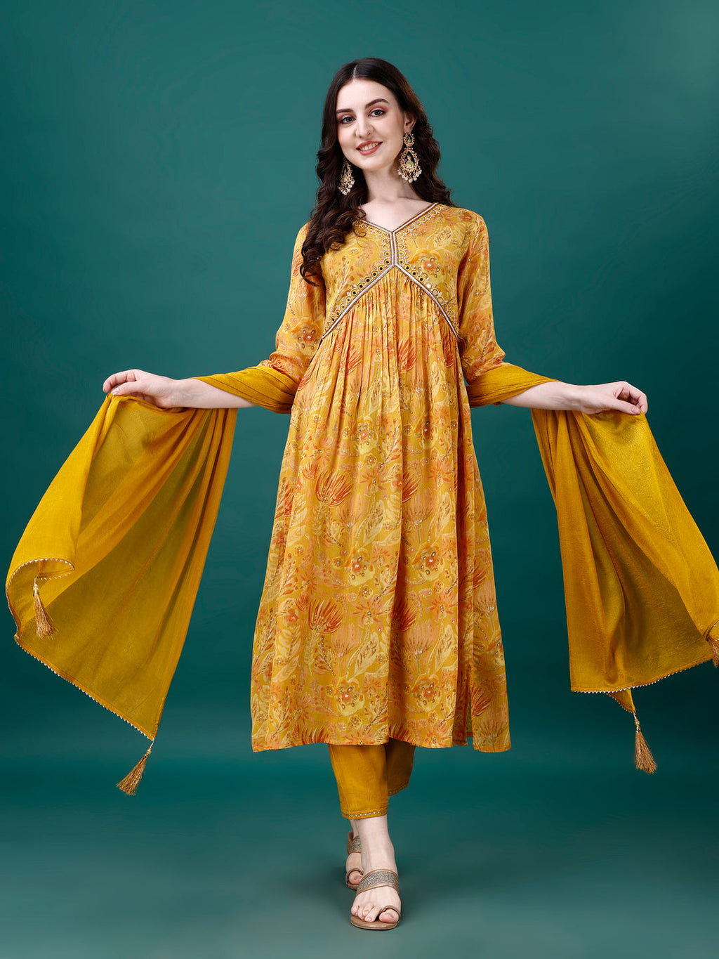 Alia Cut Hand Embroidered & Printed Pure Chinon Kurta With Pant & Dupatta, Multicolor - Hiral Fashion - Distacart