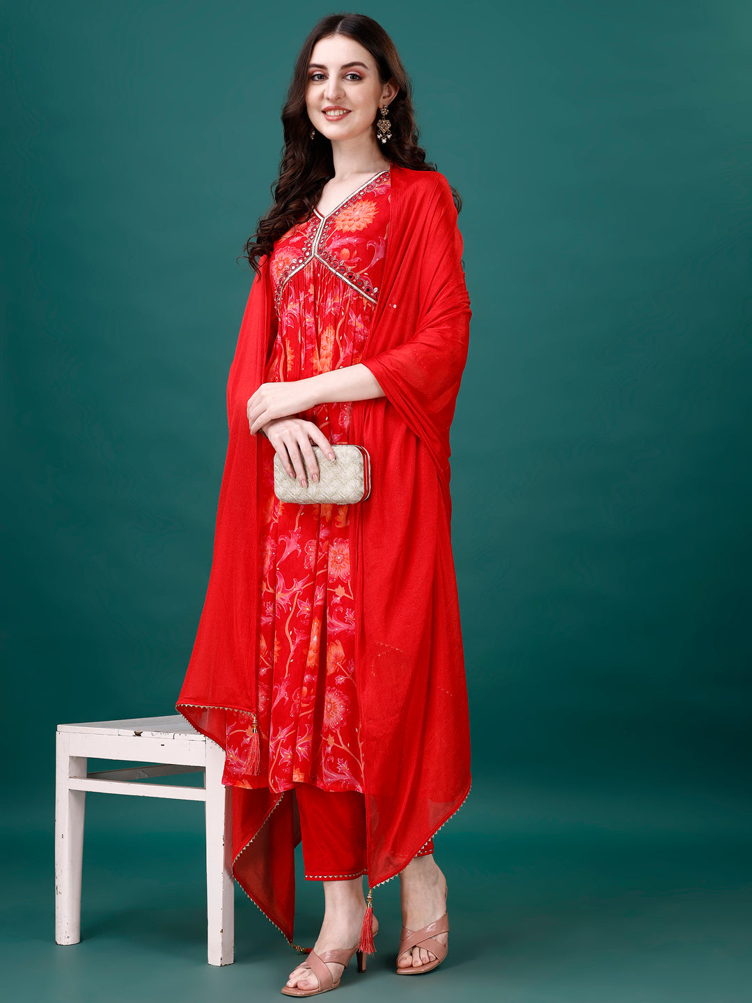 Alia Cut Hand Embroidered & Printed Pure Chinon Kurta With Pant & Dupatta, Multicolor - Hiral Fashion - Distacart