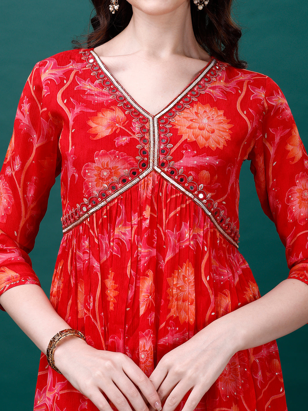 Alia Cut Hand Embroidered & Printed Pure Chinon Kurta With Pant & Dupatta, Multicolor - Hiral Fashion - Distacart