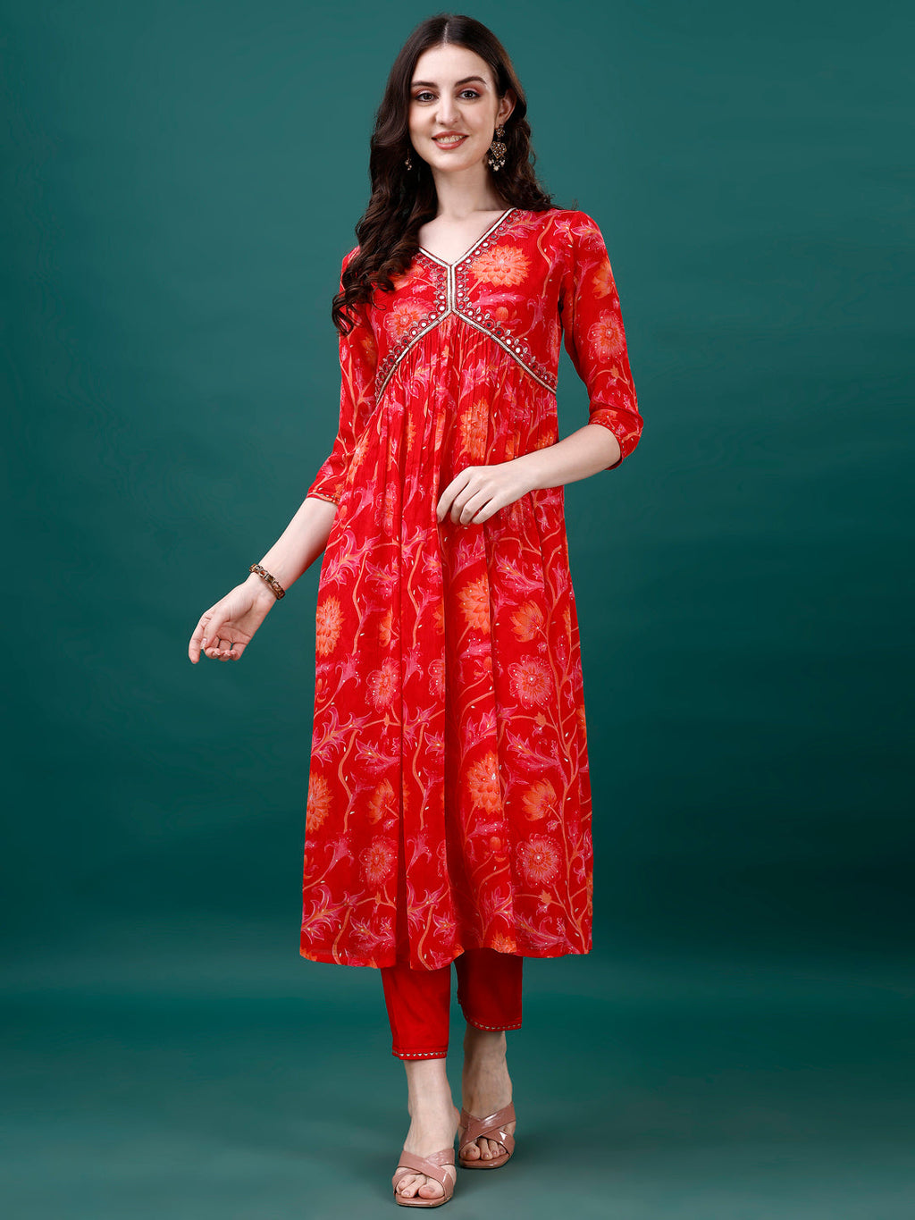 Alia Cut Hand Embroidered & Printed Pure Chinon Kurta With Pant & Dupatta, Multicolor - Hiral Fashion - Distacart