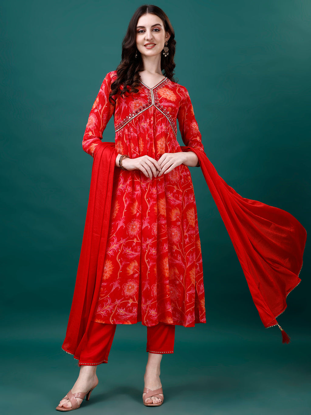 Alia Cut Hand Embroidered & Printed Pure Chinon Kurta With Pant & Dupatta, Multicolor - Hiral Fashion - Distacart