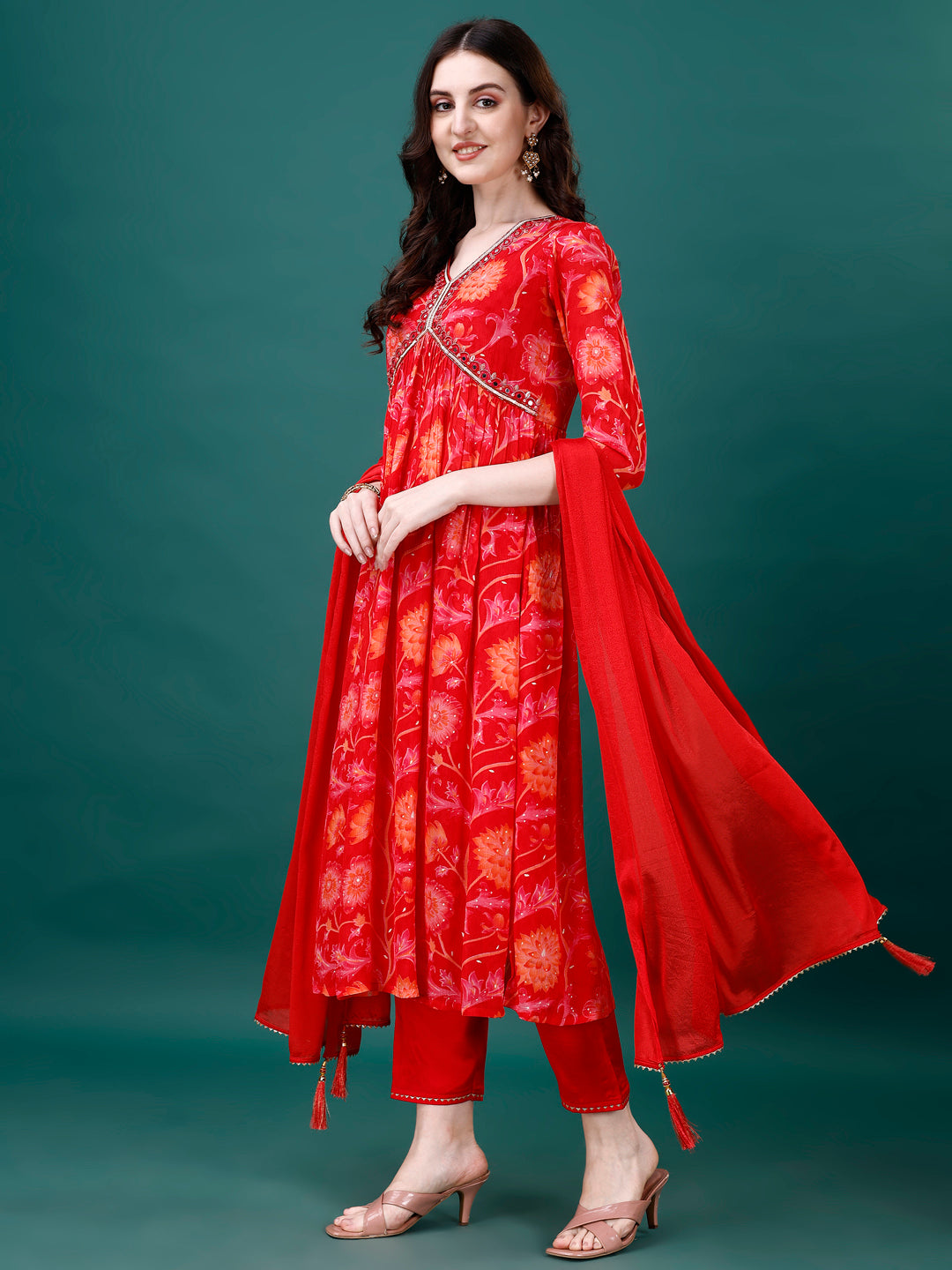 Alia Cut Hand Embroidered & Printed Pure Chinon Kurta With Pant & Dupatta, Multicolor - Hiral Fashion - Distacart