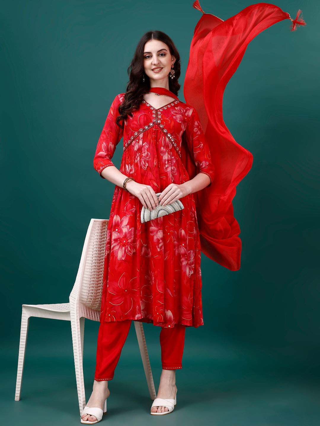Alia Cut Hand Embroidered & Printed Pure Chinon Kurat With Pant & Dupatta, Multicolor - Hiral Fashion - Distacart