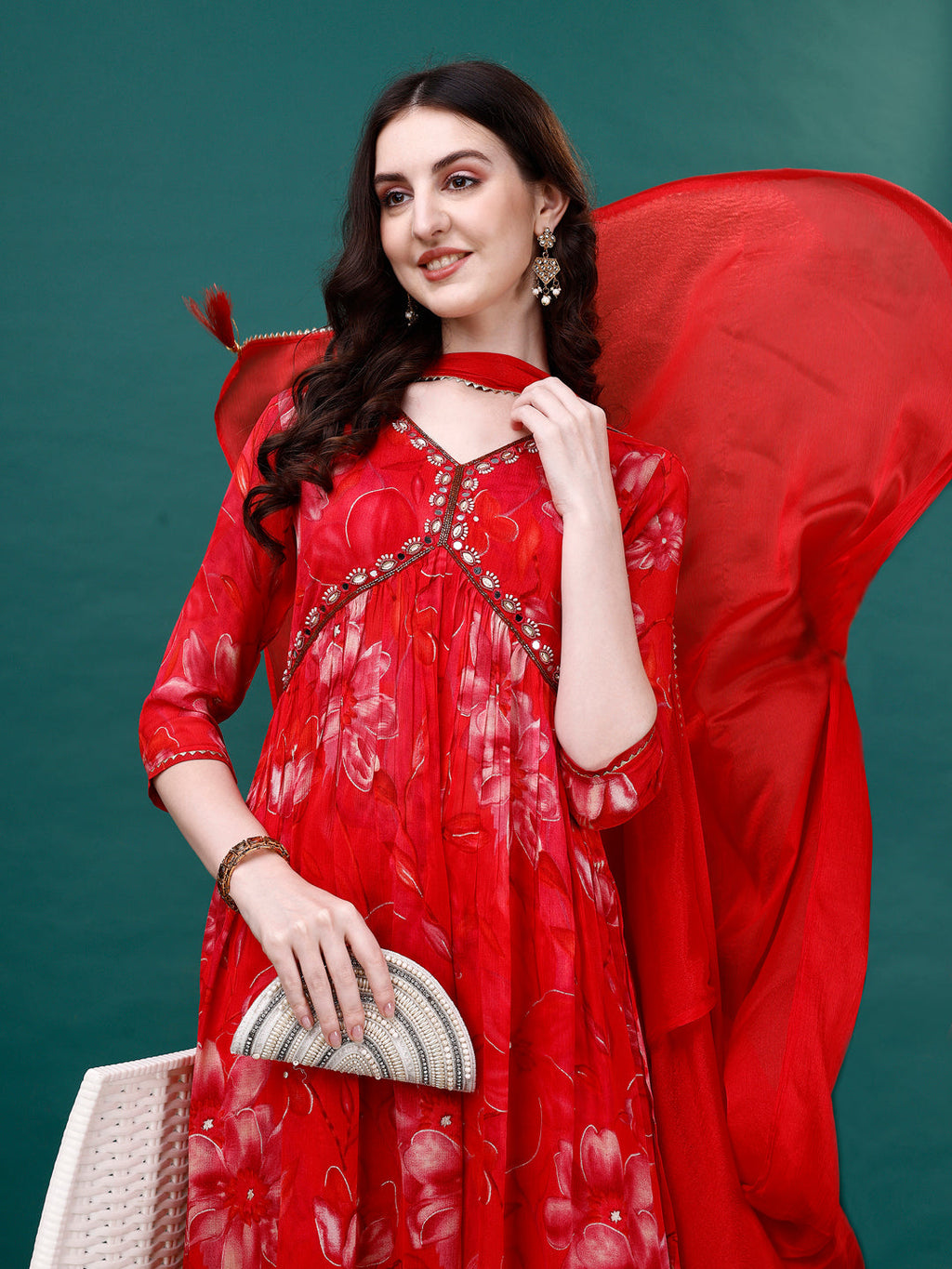 Alia Cut Hand Embroidered & Printed Pure Chinon Kurat With Pant & Dupatta, Multicolor - Hiral Fashion - Distacart