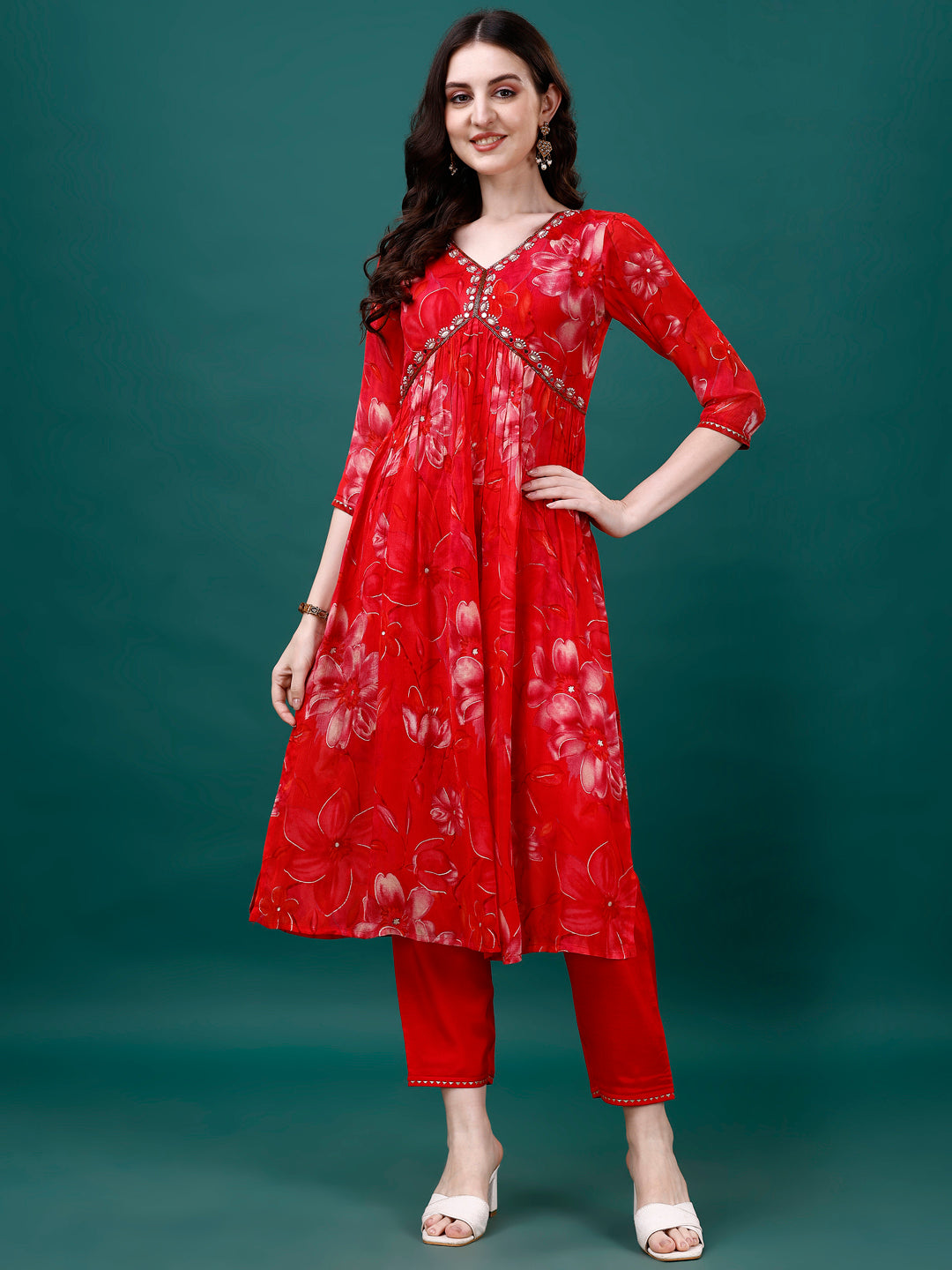 Alia Cut Hand Embroidered & Printed Pure Chinon Kurat With Pant & Dupatta, Multicolor - Hiral Fashion - Distacart
