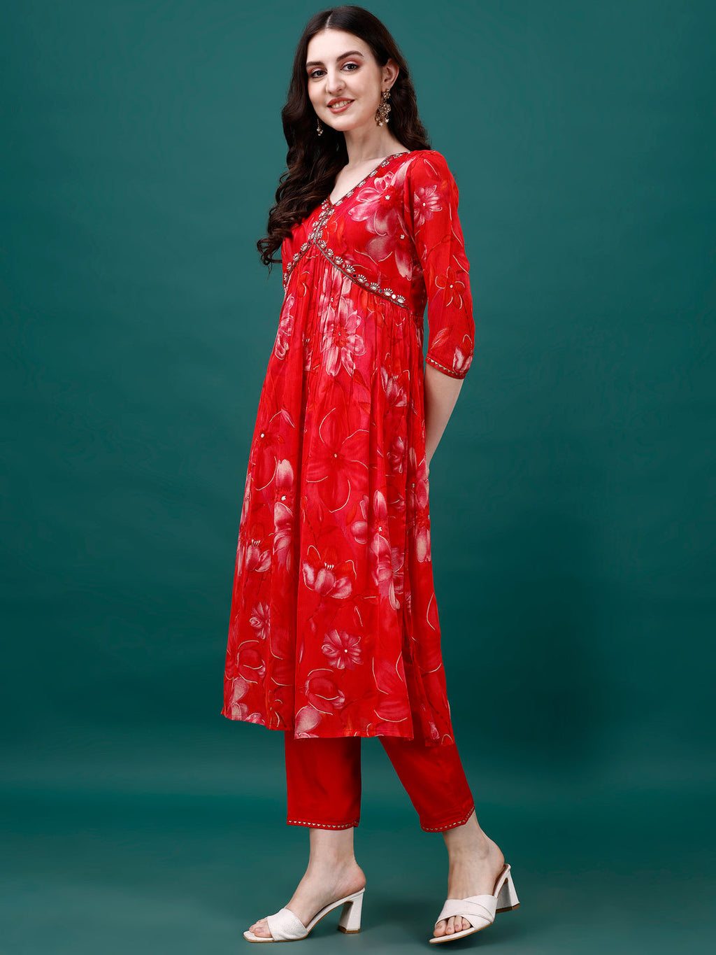 Alia Cut Hand Embroidered & Printed Pure Chinon Kurat With Pant & Dupatta, Multicolor - Hiral Fashion - Distacart