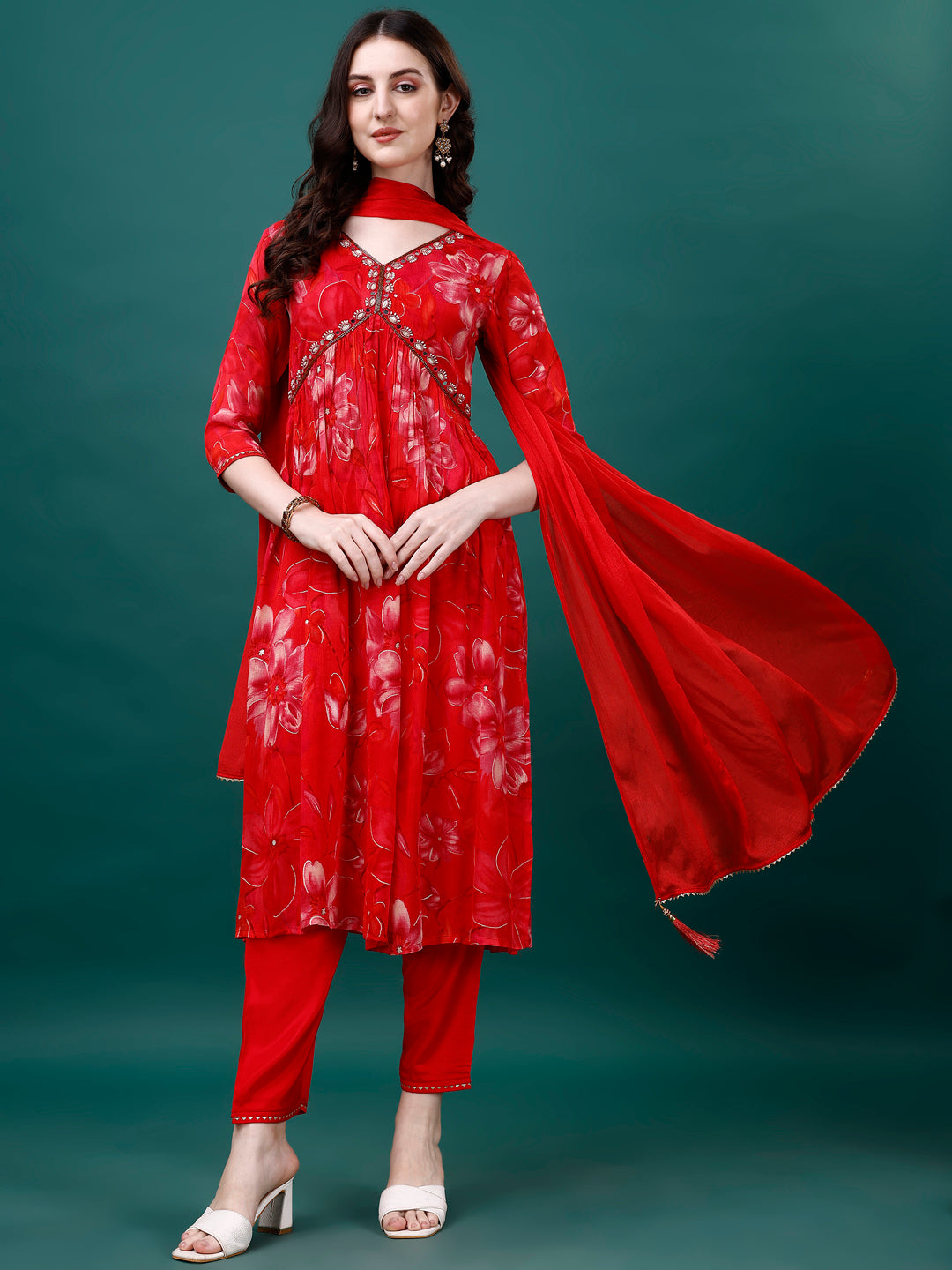 Alia Cut Hand Embroidered & Printed Pure Chinon Kurat With Pant & Dupatta, Multicolor - Hiral Fashion - Distacart