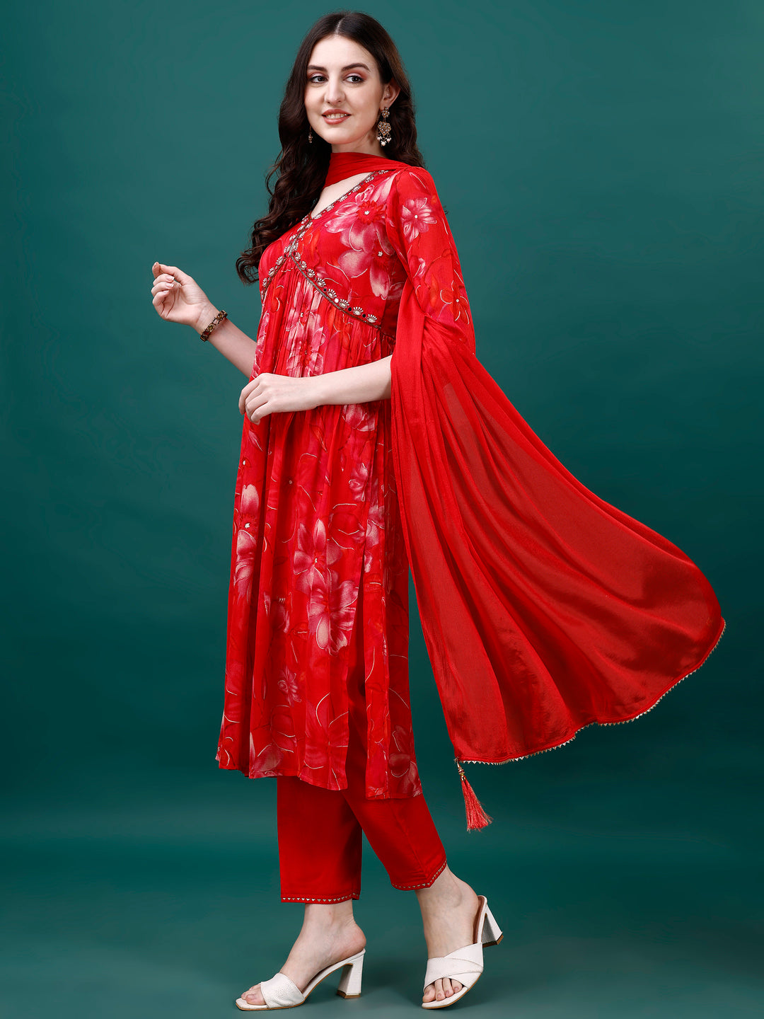 Alia Cut Hand Embroidered & Printed Pure Chinon Kurat With Pant & Dupatta, Multicolor - Hiral Fashion - Distacart