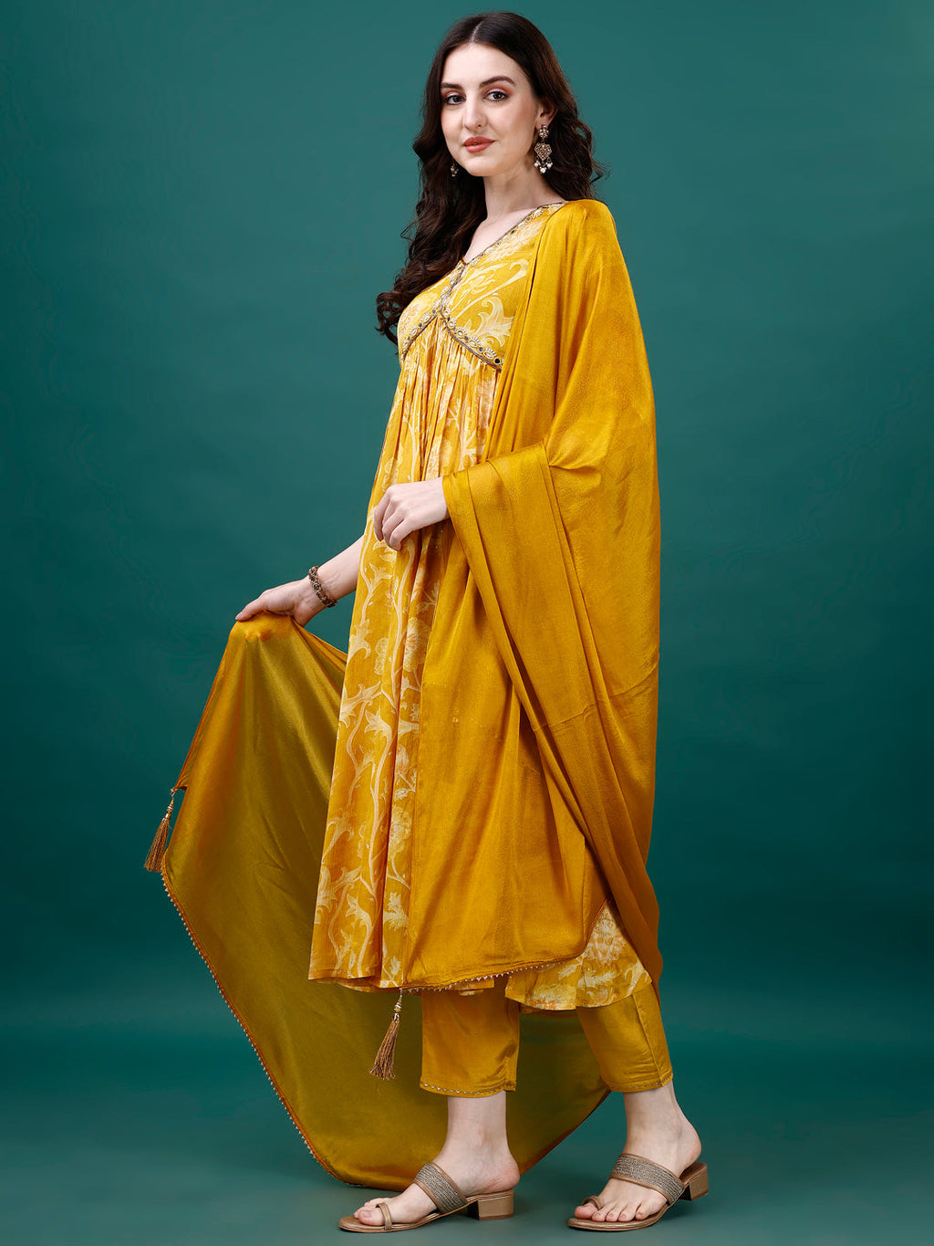 Alia Cut Hand Embroidered & Printed Pure Chinon Kurat With Pant & Dupatta, Multicolor - Hiral Fashion - Distacart