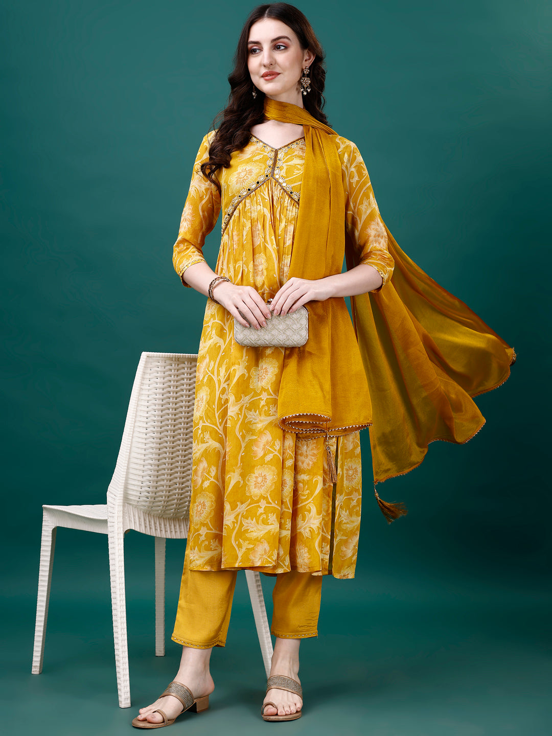 Alia Cut Hand Embroidered & Printed Pure Chinon Kurat With Pant & Dupatta, Multicolor - Hiral Fashion - Distacart