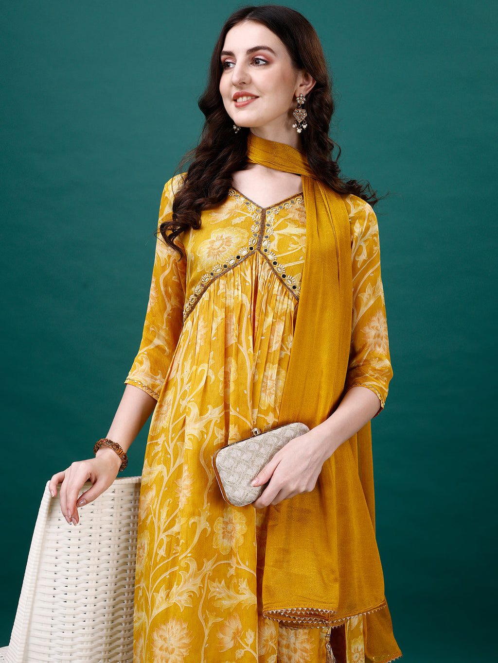Alia Cut Hand Embroidered & Printed Pure Chinon Kurat With Pant & Dupatta, Multicolor - Hiral Fashion - Distacart