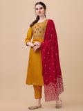 Hand Embroidered Kurta With Pant & Banarasi Dupatta, Multicolor - Hiral Fashion - Distacart