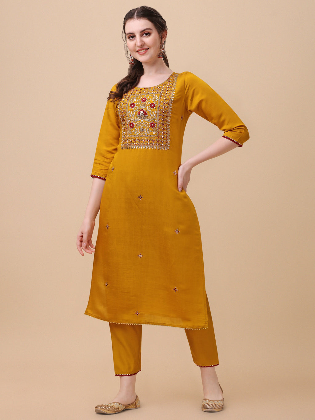 Hand Embroidered Kurta With Pant & Banarasi Dupatta, Multicolor - Hiral Fashion - Distacart