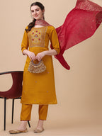 Hand Embroidered Kurta With Pant & Banarasi Dupatta, Multicolor - Hiral Fashion - Distacart