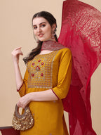 Hand Embroidered Kurta With Pant & Banarasi Dupatta, Multicolor - Hiral Fashion - Distacart