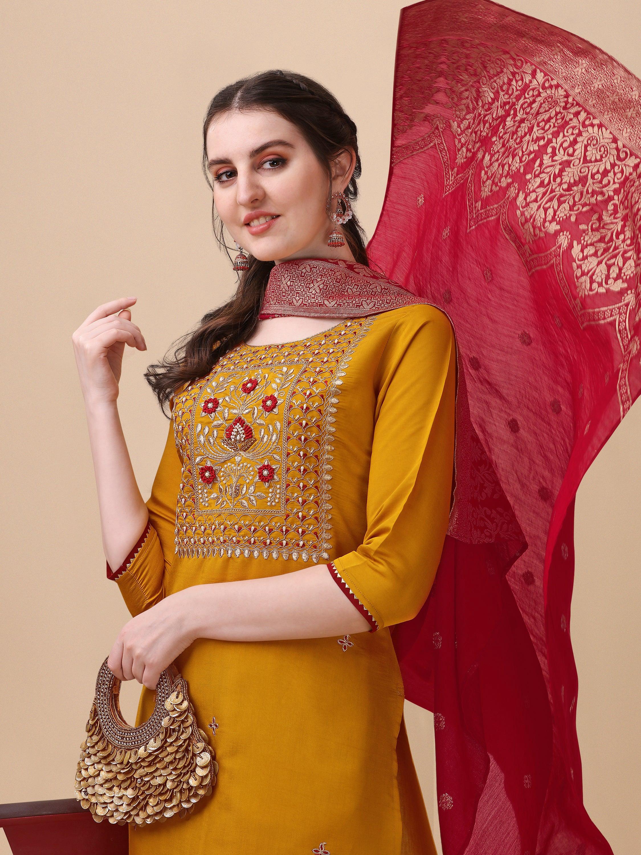 Hand Embroidered Kurta With Pant & Banarasi Dupatta, Multicolor - Hiral Fashion - Distacart