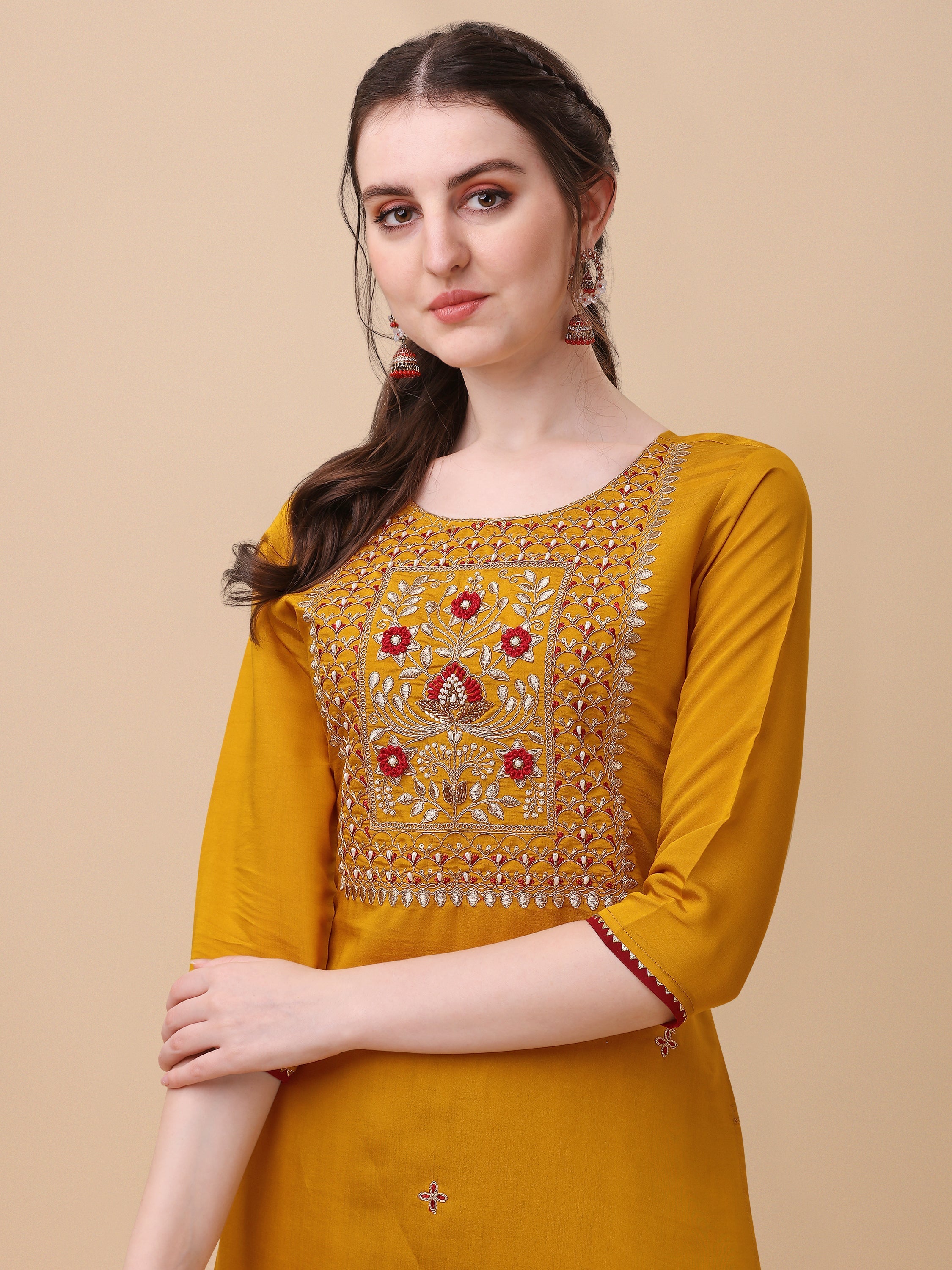 Hand Embroidered Kurta With Pant & Banarasi Dupatta, Multicolor - Hiral Fashion - Distacart
