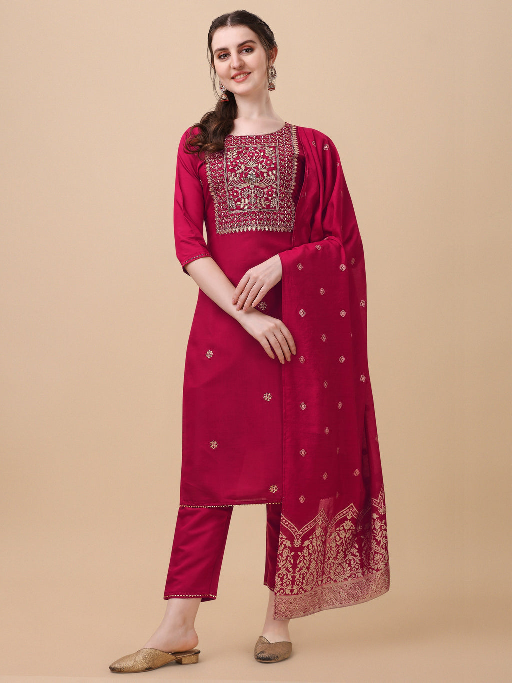 Hand Embroidered Kurta With Pant & Banarasi Dupatta, Multicolor - Hiral Fashion - Distacart