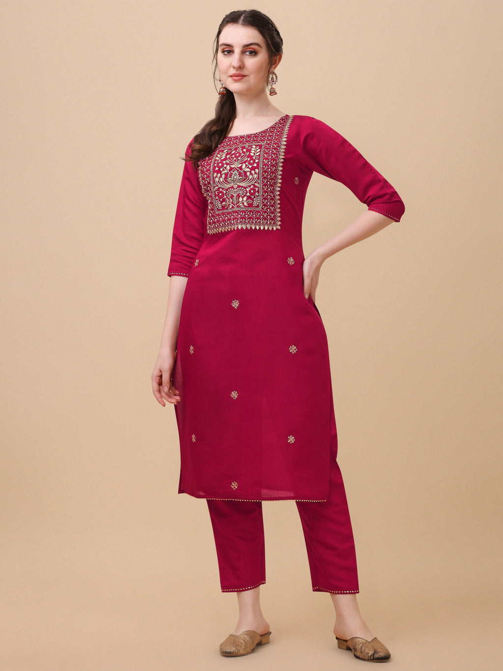 Hand Embroidered Kurta With Pant & Banarasi Dupatta, Multicolor - Hiral Fashion - Distacart