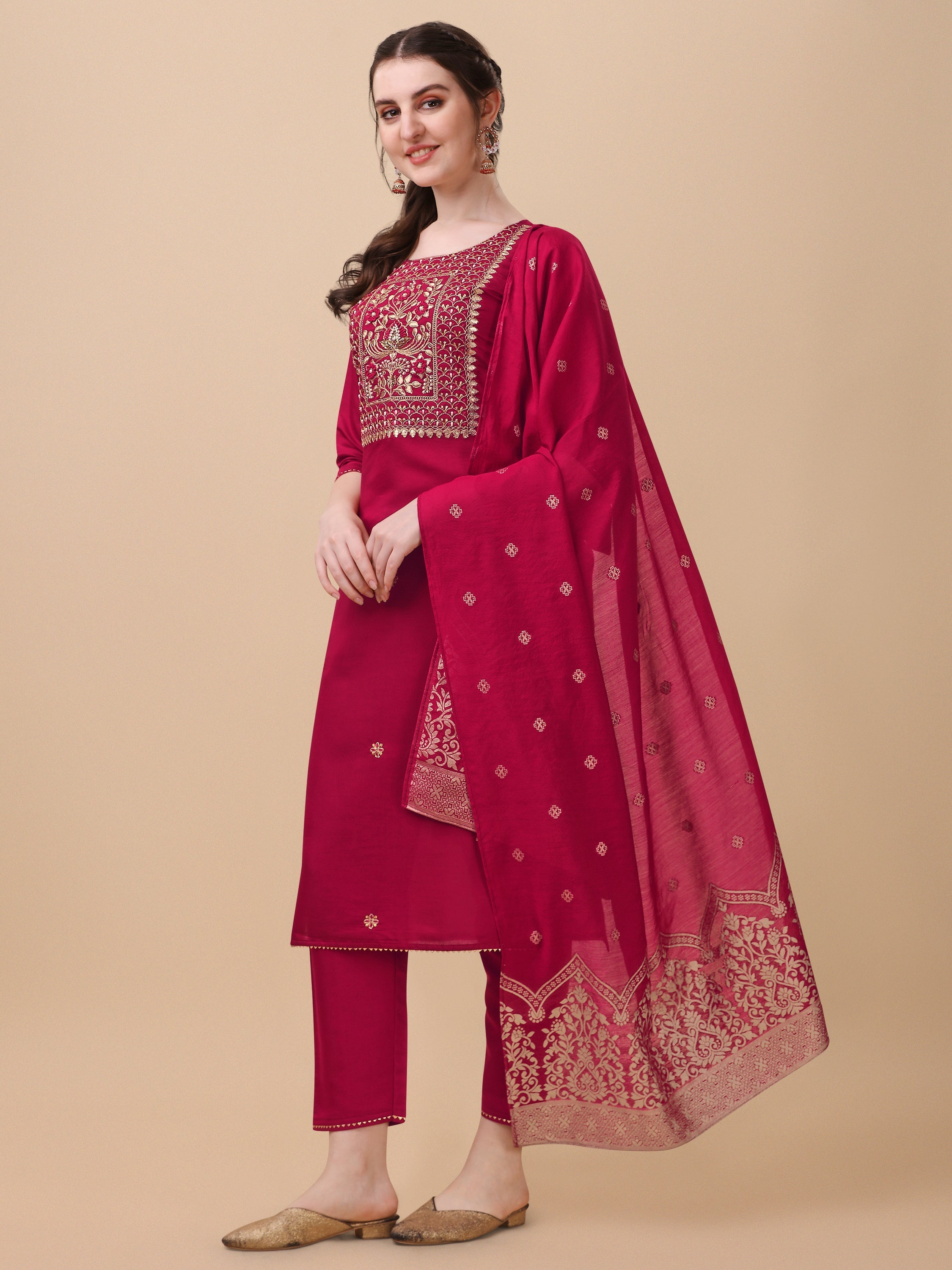 Hand Embroidered Kurta With Pant & Banarasi Dupatta, Multicolor - Hiral Fashion - Distacart