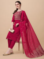 Hand Embroidered Kurta With Pant & Banarasi Dupatta, Multicolor - Hiral Fashion - Distacart