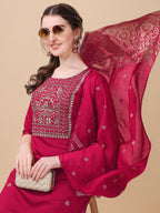 Hand Embroidered Kurta With Pant & Banarasi Dupatta, Multicolor - Hiral Fashion - Distacart