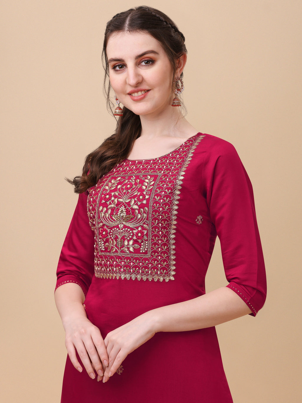 Hand Embroidered Kurta With Pant & Banarasi Dupatta, Multicolor - Hiral Fashion - Distacart