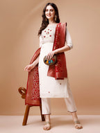 Hand Embroidered Kurta With Pant & Banarasi Jacquard Dupatta, Multicolor - Hiral Fashion - Distacart