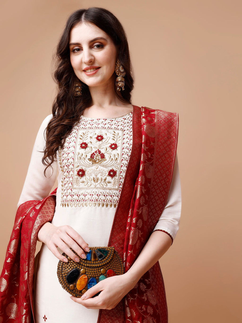 Hand Embroidered Kurta With Pant & Banarasi Jacquard Dupatta, Multicolor - Hiral Fashion - Distacart