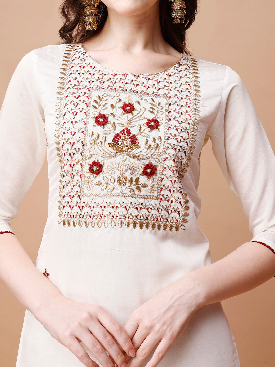 Hand Embroidered Kurta With Pant & Banarasi Jacquard Dupatta, Multicolor - Hiral Fashion - Distacart