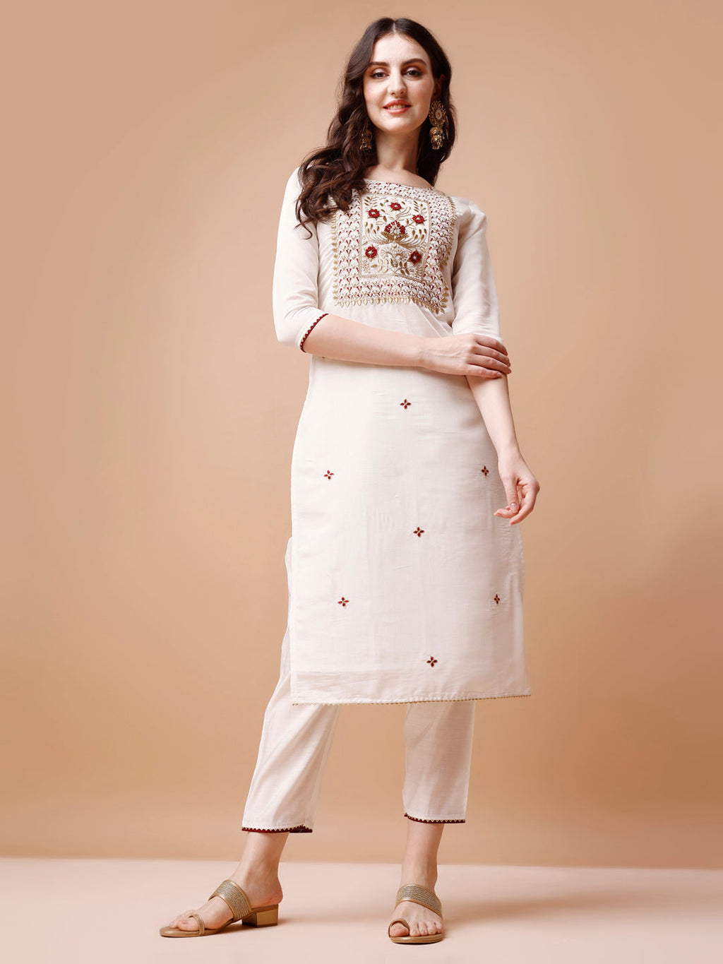 Hand Embroidered Kurta With Pant & Banarasi Jacquard Dupatta, Multicolor - Hiral Fashion - Distacart