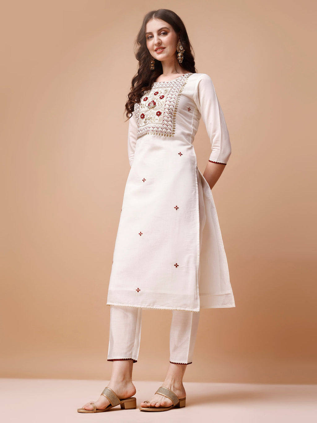 Hand Embroidered Kurta With Pant & Banarasi Jacquard Dupatta, Multicolor - Hiral Fashion - Distacart