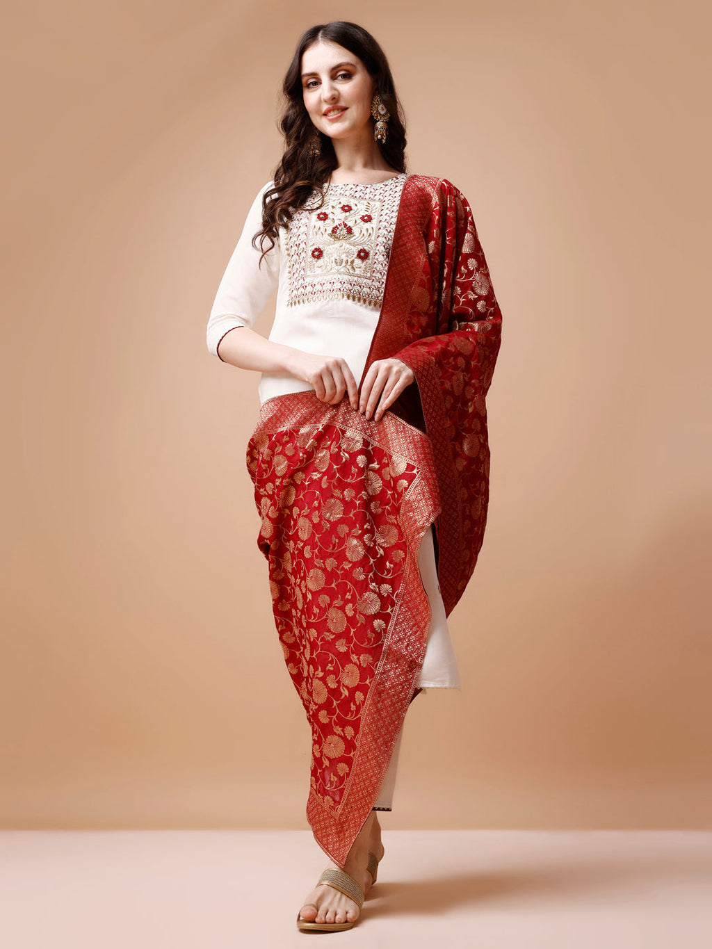 Hand Embroidered Kurta With Pant & Banarasi Jacquard Dupatta, Multicolor - Hiral Fashion - Distacart