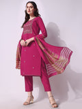 Embroidered Kurta With Pant & Dupatta Set, Multicolor - Hiral Fashion - Distacart